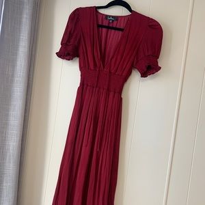 Lulus Red V Neck Midi Dress w Cinched Waist/Sleeve